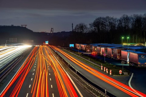 Evening traffic on the A2 motorway at the Recklinghausen junction heading west, in the background