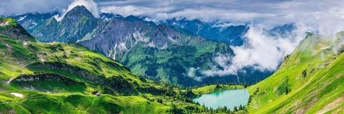 Panorama from Zeigersattel to Seealpsee, on the left behind the Höfats 2259m, AllgÃ¤u Alps,
