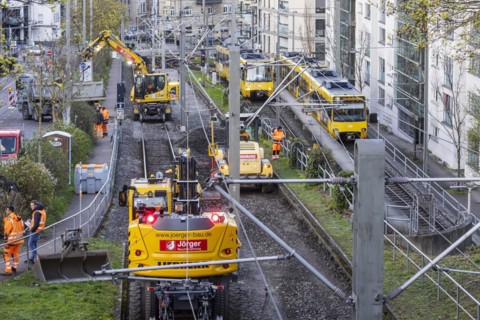 Construction work on the urban railway tracks, the SSB lines are interrupted, the tracks are being