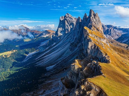 The Sas Rigais and Furchetta peaks of the Odle Group, drone shot, Val Gardena, Dolomites,