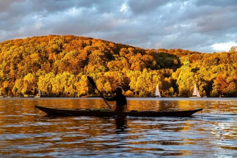 Lake Baldeney, a reservoir of the Ruhr, in Essen, autumn, sailing boats, headframe of the former
