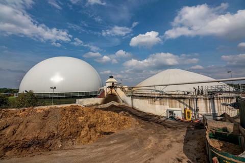 Biogas plant, gas storage, with dome, use of solid manure as energy source, storage area, on a farm