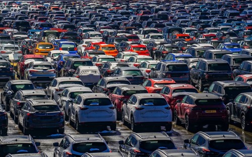 Car terminal in the Logport I inland port, in Duisburg on the Rhine, vehicle handling of new cars,