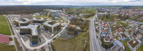 IBM construction project in Ehningen, aerial view. Large construction site Technology Campus. Once