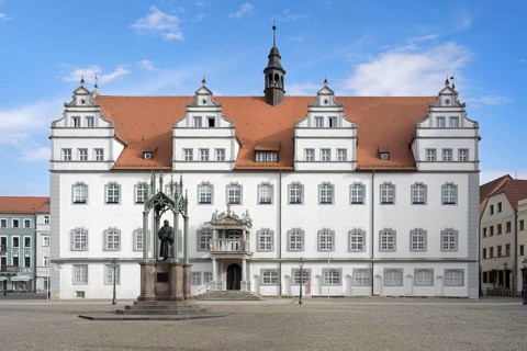 Old town hall at market square, Luther City Wittenberg, Saxony Anhalt, Germany, Europe