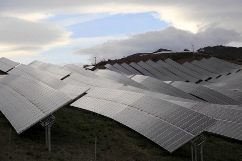 Array of solar panels on a grey overcast day, Sierra Alhamilla, near Nijar, Almeria, Spain, Europe