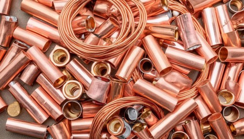 Material, metal, copper, a large quantity of pipes and pipe sections