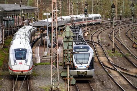 ICE train, RE 16 Ruhr-Sieg Express local train, in front of the Hagen-Vorhalle marshalling yard,