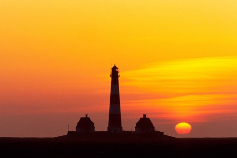 The lighthouse of Westerhever with full moon, Westerhever, Schleswig-Holstein, Federal Republic of