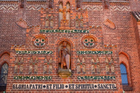 Odense, early Gothic St Albani Church, Roman Catholic church, entrance portal, brick building,
