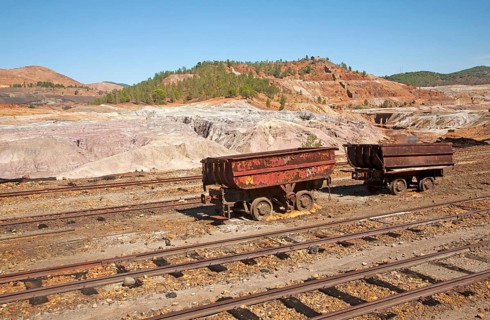 Old rusty abandoned railway rolling stock wagons, Rio Tinto mining area, Minas de Riotinto, Huelva