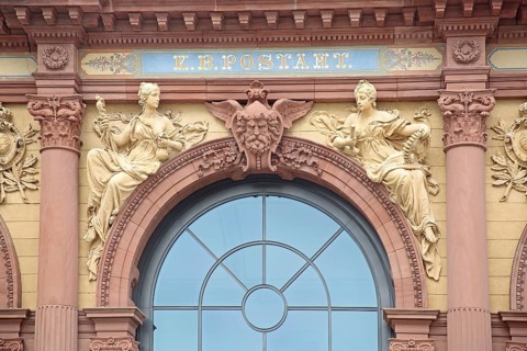 Old post office built in 1893 with decorations and figures, neo-renaissance, columns, glass window,