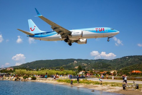 A TUI Airways Boeing 737 MAX 8 aircraft with the registration G-TUMN at Skiathos Airport, Greece,