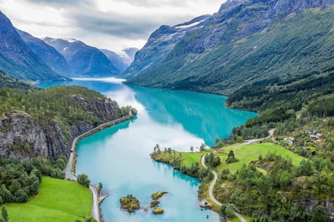 Lake Lovatnet (or: Loenvatnet), view towards south to glacier Jostedalsbreen, islands in the lake,