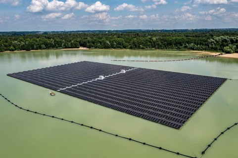 Germany's largest floating solar power plant on the Silbersee III, a quarry pond no longer used for
