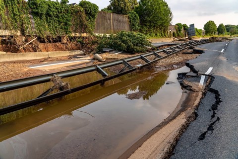 Flood on the Erft, here the federal road B265 destroyed by the water, Erftstadt, North
