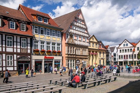 Typical town houses at the market in the old town, Hamelin, Upper Weser, Weserbergland, German