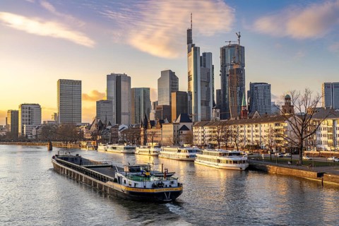 Skyline of the city centre of Frankfurt am Main, river Main, excursion boats at the Main quay,