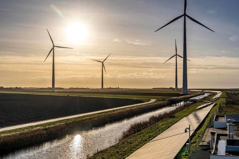 Solar park on the Slaperdijk dyke near the Eemshaven, test project, 17, 000 solar modules were
