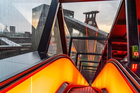 Zeche Zollverein, rainy day, view of the double headframe of shaft XII, through rain-soaked
