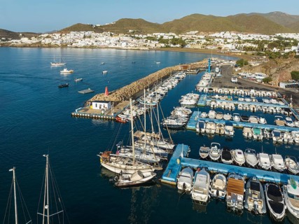 The marina of San José. Aerial view. Drone shot. Nature Reserve Cabo de Gata-Nijar, AlmerÃ­a