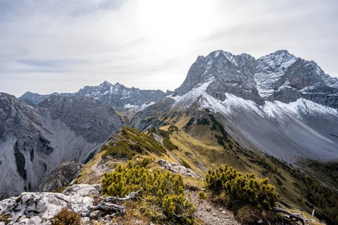 Hiking trail on the ridge of the Hahnkampl, mountain panorama with steep rocky peaks, view of