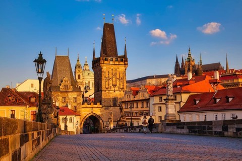 Lesser Town Bridge Tower in the early morning, Charles Bridge in Prague, Czech Republic, Europe