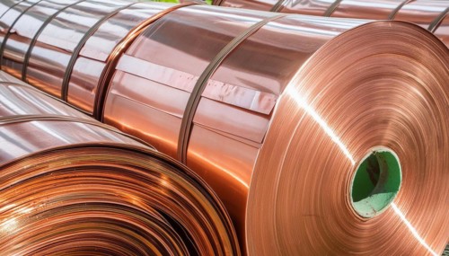 Material, metal, copper, copper sheet on a roll in a production plant
