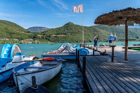 Boat hire, pedal boats, Gretl am See lido on Lake Kaltern, near the village of Kaltern, in the