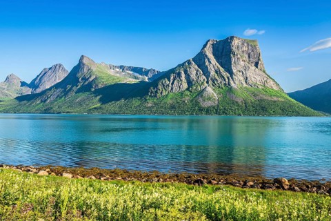 Steep rock formation at the Bergsfjord, near Bergsbotn, island Senja, Troms, Norway, Europe