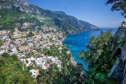 Panorama of the village on the cliffs above the sea, Positano, Amalfi Coast, Amalfitana, Campania,