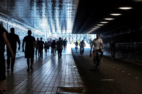 Footpath and cycle path, cycle highway, Cuyperspassage, subway at Central Station, Amsterdam