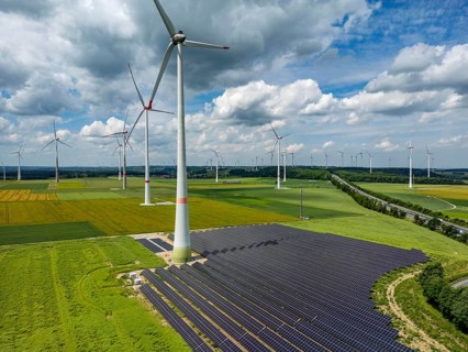 Wind farm near Marsberg, photovoltaic system, utilisation of land for renewable energies,