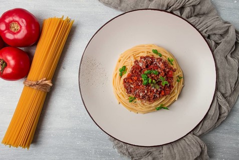 Spaghetti Bolognese, top view, close-up, no people, homemade