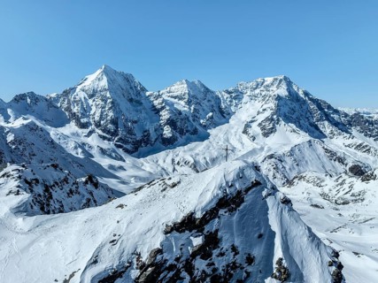 Aerial view, snow-covered mountain landscape, summit of the Madritschspitze in front of Ortler,