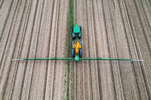 Farmer working a field, crop protection agent being sprayed, field with young sugar beet plants,