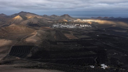 Volcanic landscape, aerial view, near Uga, Lanzarote, Canary Islands, Spain, Europe