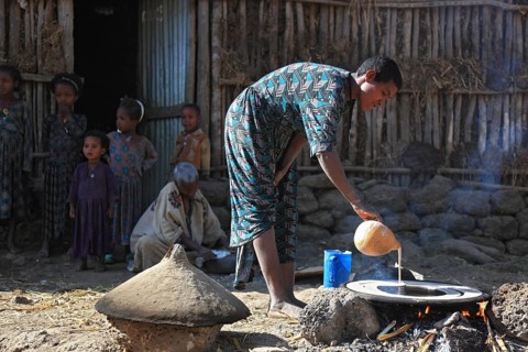 Amhara region, simple family, small farm, self-sufficient, making teff bread, called injera,