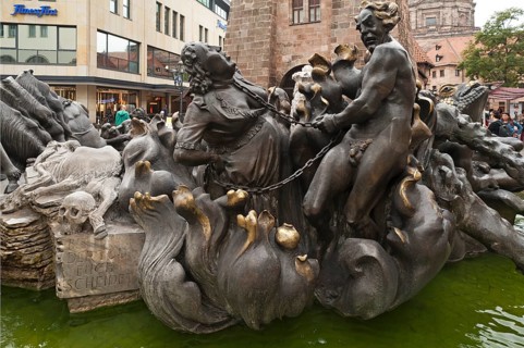 Detailed view of the fountain Das Ehekarussell by sculptor Jürgen Weber, erected in 1984, also