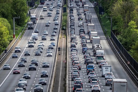 The A3 motorway, heavy traffic on 8 lanes, including the temporarily open hard shoulder, in front