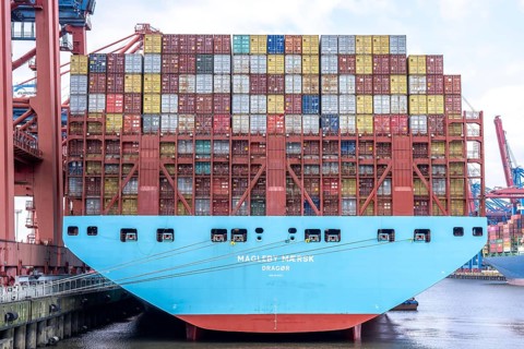 Magleby Maersk container freighter at EUROGATE Container Terminal, Waltershofer Hafen, one of the