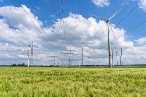 Wind farm north-east of Marsberg, Hochsauerlandkreis, high-voltage line, electricity pylons, North