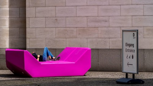 Plastic furniture in pink in front of the German Historical Museum, Berlin, Germany, Europe