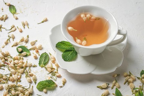 Jasmine Tea, drink, Jasmine flowers, dry, herbal, tea, top view, no people