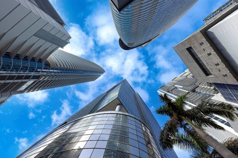 Miami downtown financial skyline and business shopping center near Biscayne bay and South beach
