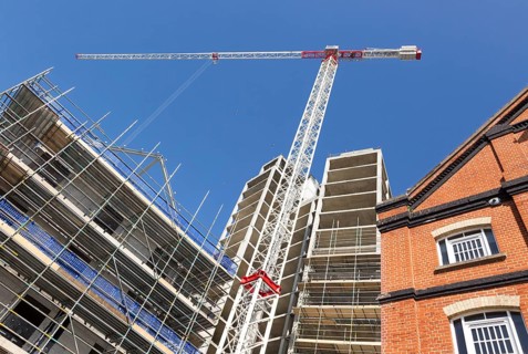 Tall crane at construction site of the 'Wine Rack' building, Waterfont, Wet Dock, Ipswich, Suffolk,