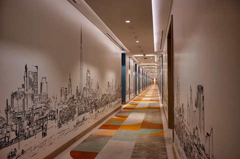 Interior view of corridor with Burj Khalifa wallpaper, Hotel NH Collection The Palm Jumeirah,