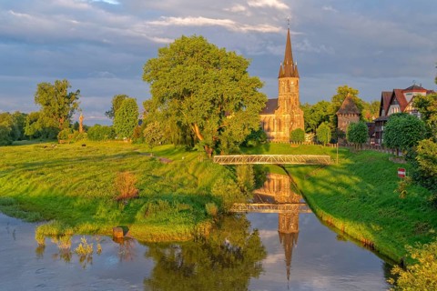 At the old harbour with St. Sturmius church Rinteln Germany