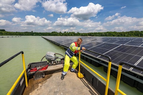 Germany's largest floating solar power plant on the Silbersee III, a quarry pond no longer used for