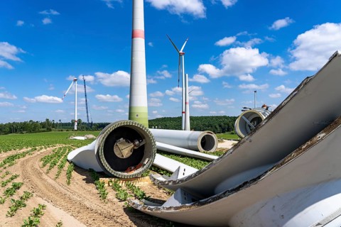 Repowering of a wind farm, near Brilon-Radlinghausen, 2 old turbines are demolished, rotors and